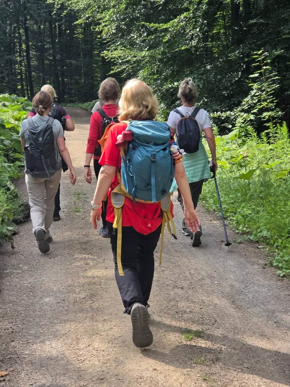 Frauengruppe wandert gemeinsam durch den Wald